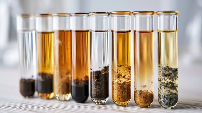 Test tubes holding various soil and water samples. Undergoing scientific analysis and research to evaluate environmental quality and pollution levels