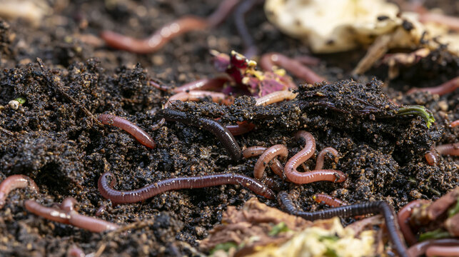 Red wiggler earthworms are actively moving through dark. Moist soil. Processing various organic matter and contributing to the decomposition process