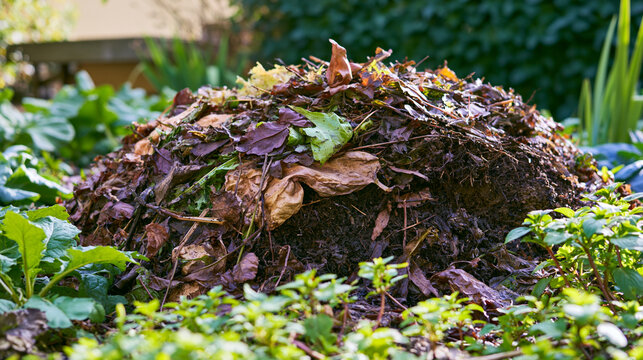 Garden compost pile decomposing organic waste and fallen leaves, enriching soil with natural fertilizer for sustainable growing and eco friendly gardening