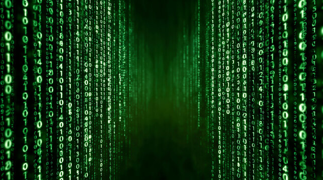 Abstract digital code stream featuring flowing green binary numbers on dark background for technology themed wallpaper.