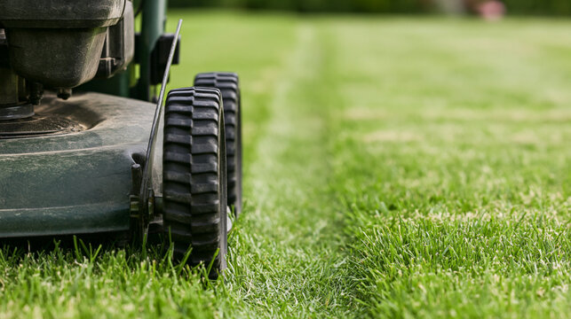 Lawn mower's wheel and deck capturing the moment of fresh grass cutting, leaving a distinct line between mowed and unmowed sections on a vibrant green lawn, copy space