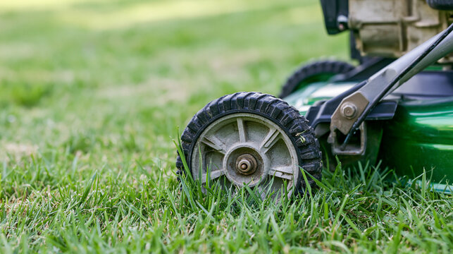 Green lawnmower wheel resting on lush green grass, portraying summer yard work, home gardening, and landscape maintenance tasks, copy space