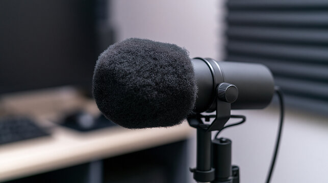 Professional microphone with pop filter on a stand, recording audio for a podcast or radio broadcast in a home studio environment, copy space