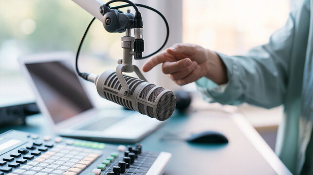 Hand pointing at a professional podcast microphone on a boom arm in a home studio, creating digital audio content for radio broadcast or online communication