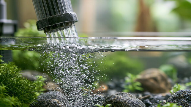 Aquarium filter creating a stream of fresh, aerated water with countless bubbles, flowing into a clean fish tank filled with aquatic plants and dark gravel, copy space