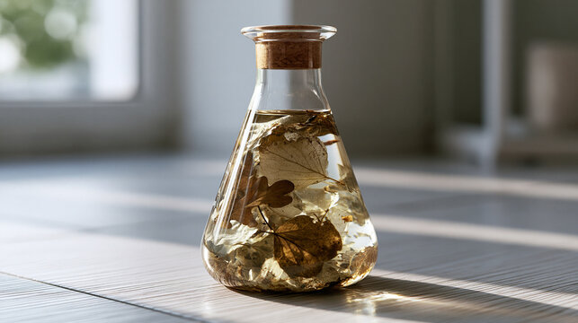 Glass flask with dried leaves immersed in liquid, creating a natural herbal infusion, representing botanical research, traditional medicine, and eco friendly products
