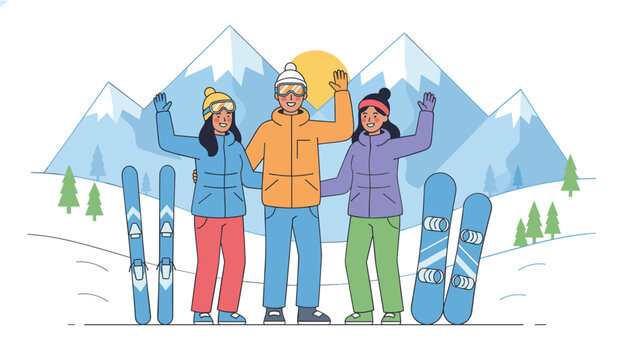 Cheerful group of friends in colorful winter gear wave happily beside their skis and snowboards in front of snow-capped mountains.