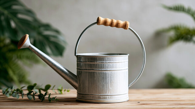 Galvanized metal watering can with natural wooden handle sitting on a light wooden table, symbolizing gardening, nurturing, growth, and sustainable living practices