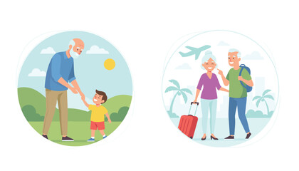 Fototapeta premium Circular vignettes show a loving grandfather holding a child's hand and a happy senior couple traveling with suitcases.