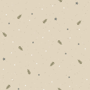 Delicate winter pattern with tiny botanical branches, stars, and subtle seasonal motifs on a warm beige background. It is suitable for Christmas textiles, wrapping paper, bedding, packaging.