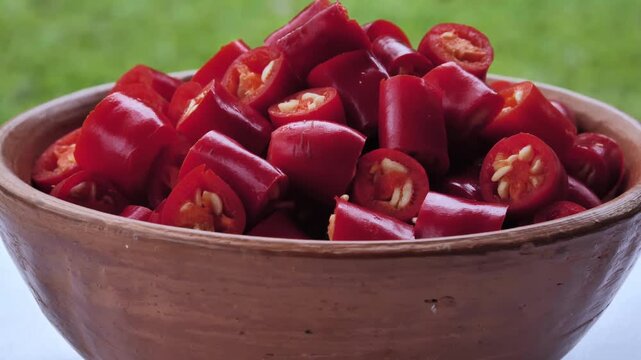 Sliced fresh red chili peppers in bowl