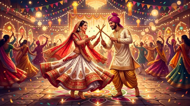 Happy Indian couple performing traditional garba dance on navratri festival celebration night with ethnic clothing and colorful folk background