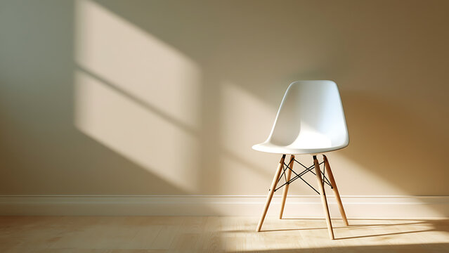 Modern white chair in a sunny room with light shadows
