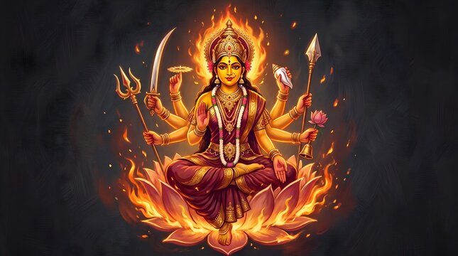 Art of Goddess Durga Holding Weapons Seated Cross Legged Surrounded by Fire Flames