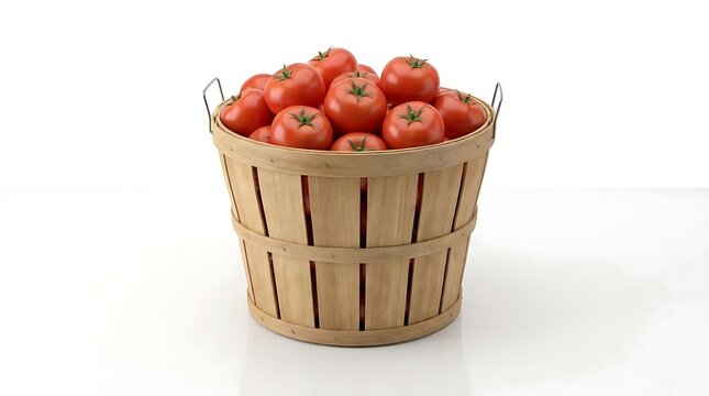 A bushel of tomatoes captured in a rustic wooden harvest basket on a clean white background representing fresh farm produce and organic gardening harvest.