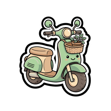 Cute Vintage Green Scooter with Basket of Plants Retro Transportation Illustration
