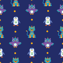 Obraz premium Cute robot cat, owl and penguin seamless pattern with glowing lights, mechanical cute animals vector illustration for kids and nursery on dark blue background
