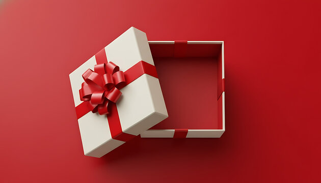 Open gift box with red ribbon on a red background