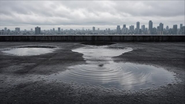 Cinematic City Timelapse Background Showing Rain Soaked Rooftop Puddle Reflection, Distant Skyline, Urban Building Silhouette Beneath Dramatic Storm Clouds, Moody Atmosphere for Video Design