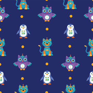 Cute robot cat, owl and penguin seamless pattern with glowing lights, mechanical cute animals vector illustration for kids and nursery on dark blue background
