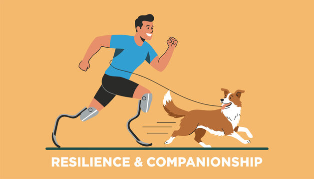 Disabled athlete with prosthetic blades runs happily in the park with his loyal dog, showcasing high resilience.