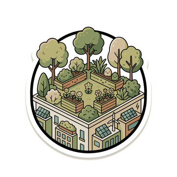 Sustainable urban design concept featuring rooftop gardens green architecture solar panels wind turbines eco friendly city living nature integration modern development