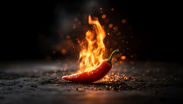 Fresh red chili pepper burning in bright orange flames