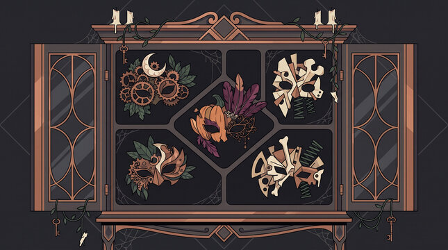 Gothic Halloween Masquerade Mask Cabinet Display Vector Illustration