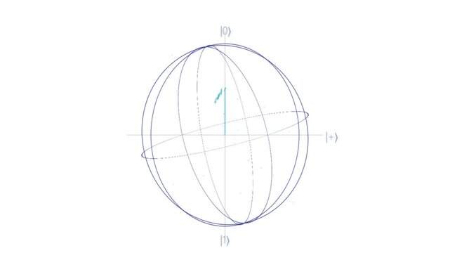 Rotating 3D Bloch sphere quantum computing animation with glowing vector axis and qubit state transition