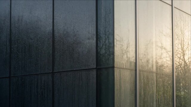 Reflective Glass Facade After Rain, Cinematic City Timelapse Background Featuring Modern Architecture, Blurred Tree Reflections, Muted Evening Light, Warm Urban Atmosphere