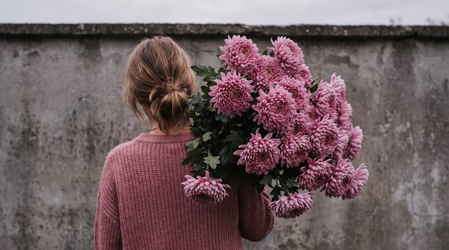 Woman from behind holding large bouquet of pink chrysanthemum flowers