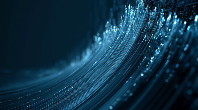 Abstract flowing lines of light forming a curved dynamic shape in deep blue space for futuristic tech and data visualization concepts.