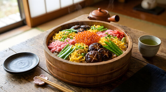 木桶に盛り付けられた華やかなちらし寿司と緑茶のテーブルフォト