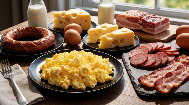 Carnivore diet breakfast spread on wooden table. Scrambled eggs, sliced bacon, salami, cheese, sausage, milk served for meal. High protein meat platter with fresh dairy products for keto nutrition.