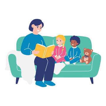 Mother reading storybook to diverse children on sofa, bedtime storytime and cozy parenting concept, minimal flat vector illustration