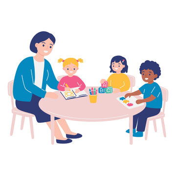 Female teacher assisting diverse young children with learning activities at table, preschool daycare classroom concept, minimal flat vector illustration