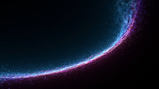Abstract flowing wave of colorful light particles against dark background for futuristic digital technology visualizations.