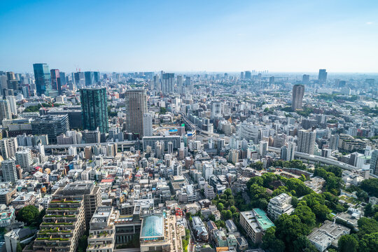 Aerial view of dense Tokyo cityscape and skyline with blue sky, Japan