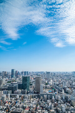 Aerial view of dense Tokyo cityscape and skyline with blue sky, Japan