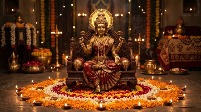 Marigold floral arrangement framing a beautifully decorated Navratri worship altar with diyas