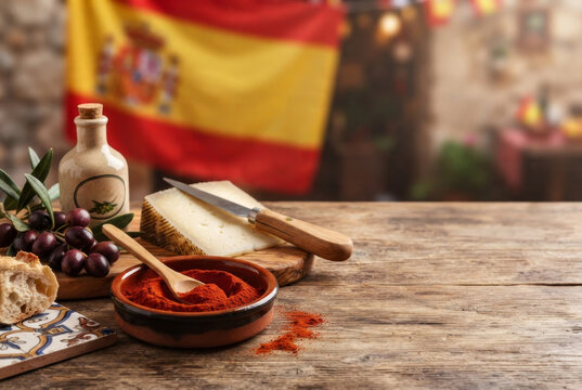 Spanish culinary background for holidays with manchego cheese, olives, paprika and flag. Celebration, culture, authentic lifestyle.