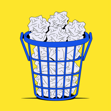 Crumpled sheets of paper in a blue basket in an office setting