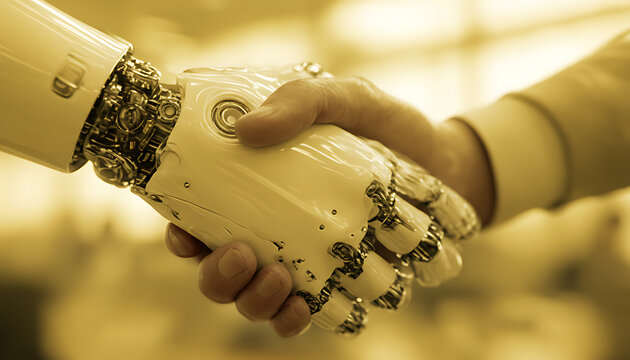 Robot hand shaking hands with human in business office
