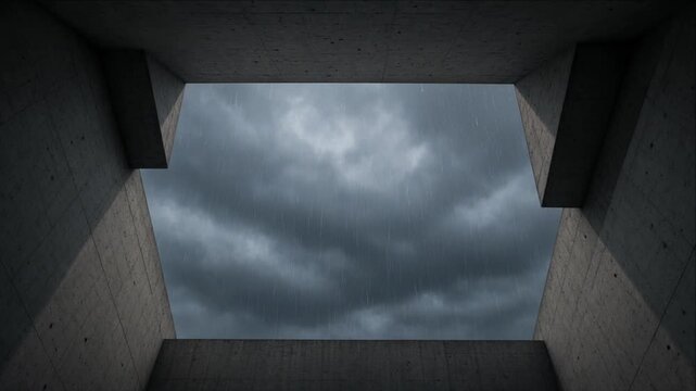 Cinematic City Timelapse Background Dark Storm Cloud Sky and Rainfall Through Concrete Architecture Opening with Moody Urban Atmosphere for Visual Design
