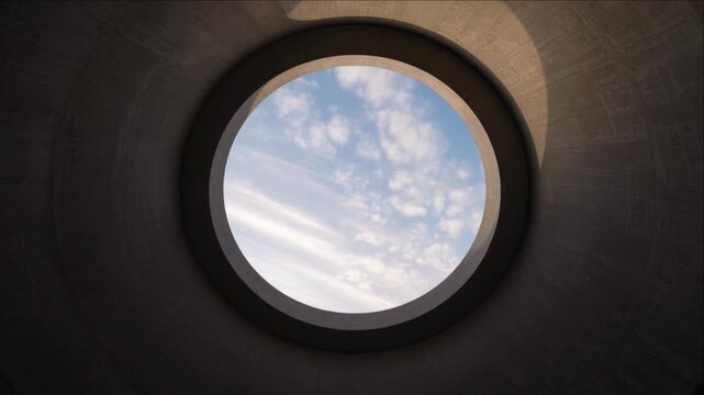 Cinematic City Timelapse Background Featuring Circular Skylight Framing Blue Sky and Wispy Cloud Movement Above Dark Curved Architecture for Tranquil Urban Atmosphere