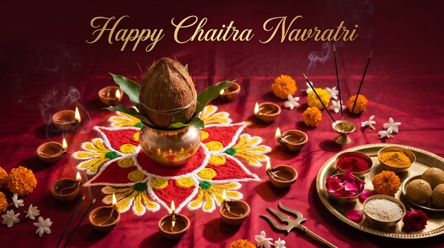 Happy chaitra navratri celebration with decorative items and floral arrangements on red background