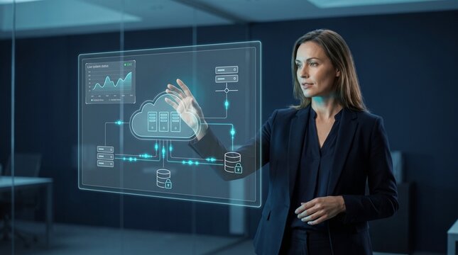 Businesswoman Presenting Secure Cloud Computing and Enterprise Data Technology