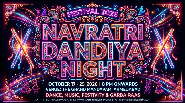 Festive navratri dandiya night event poster 2026 with neon typography, paisley patterns, and traditional dance silhouettes in ahmedabad