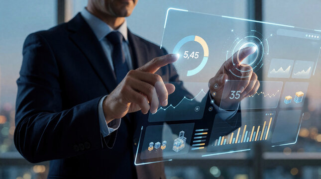 Businessman uses digital interface with floating holographic screen. Man manages ecommerce data, sales performance, inventory levels. Pro works with advanced ai tracking system to monitor business