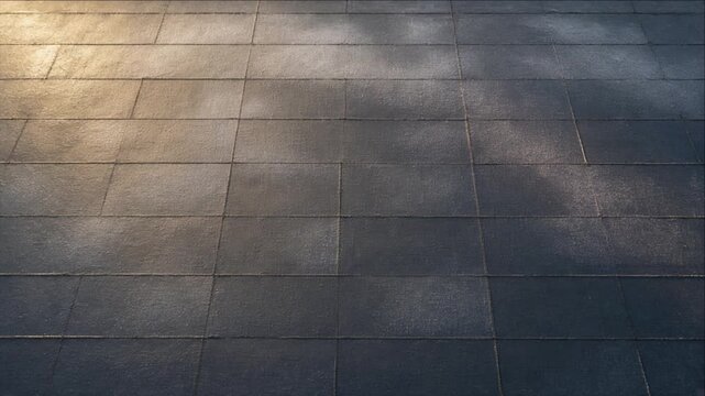 Dark Tile Surface Cinematic City Timelapse Background with Warm Evening Light, Geometric Pavement Texture, Subtle Shadow Gradients, Moody Urban Architectural Design Backdrop
